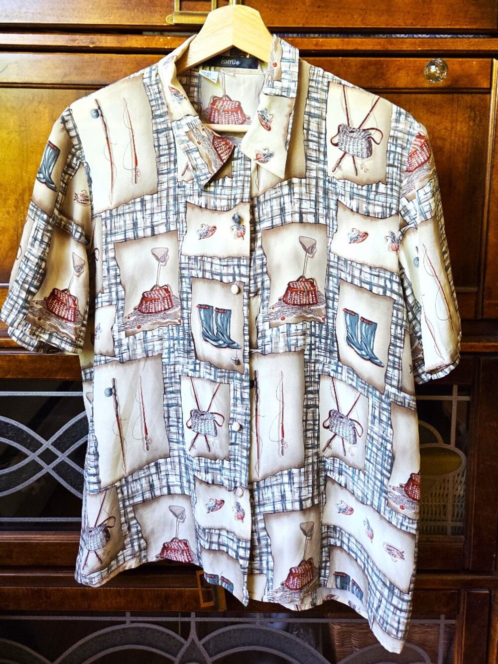 100% Silk ISHYU Exquisite fishing pattern short sleeve shirt